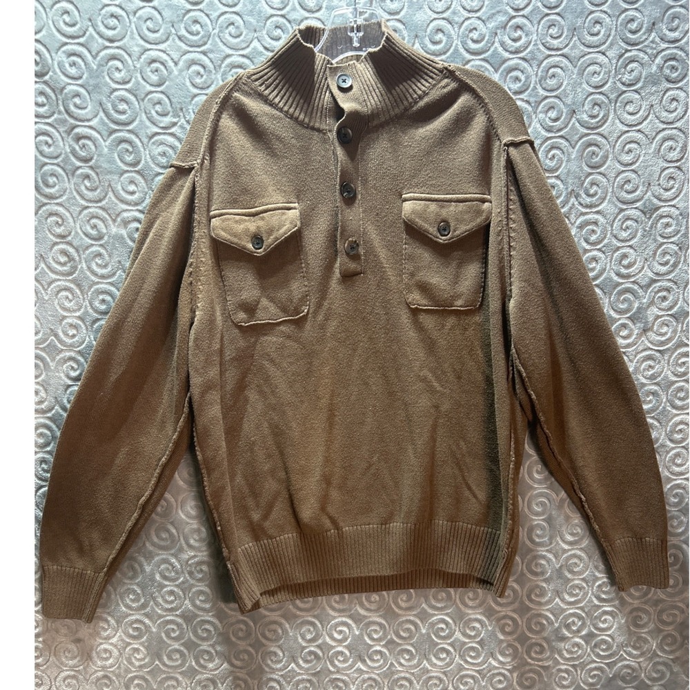 Haggar Mens Brown Knit Mock Neck Button Up‎ Pullover Sweater L G